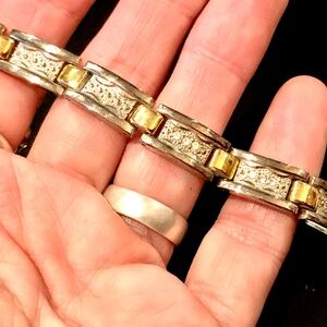 Vintage Two Tone Solid Hinged Links Art Deco Shiny Silver Brushed Gold Bracelet